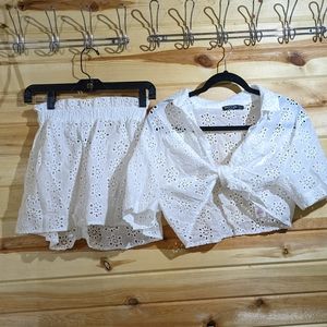 Nasty Gal size 6 White Lace Eyelet 2 Piece Set  Outfit Crop Top Shorts Beach